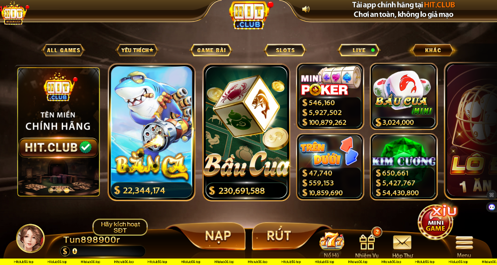 Giao diện chơi game bắn cá, bầu cua, poker trên app casino