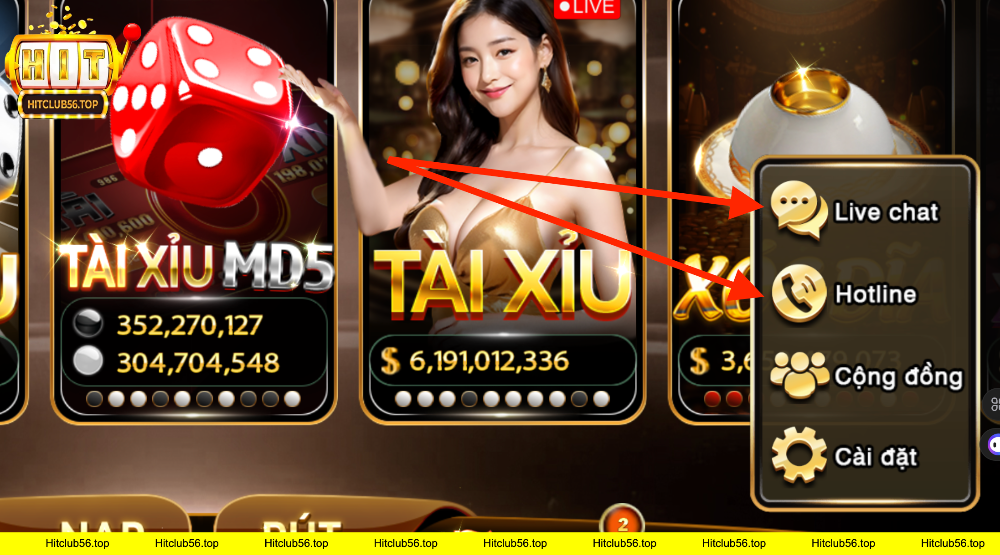 Phần giao diện liên hệ hỗ trợ trực tuyến và hotline game casino.